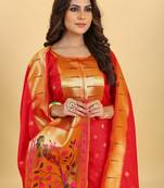 Red Color Banarasi Soft Silk Golden Zari Mill Print Weaving Salwar Kameez