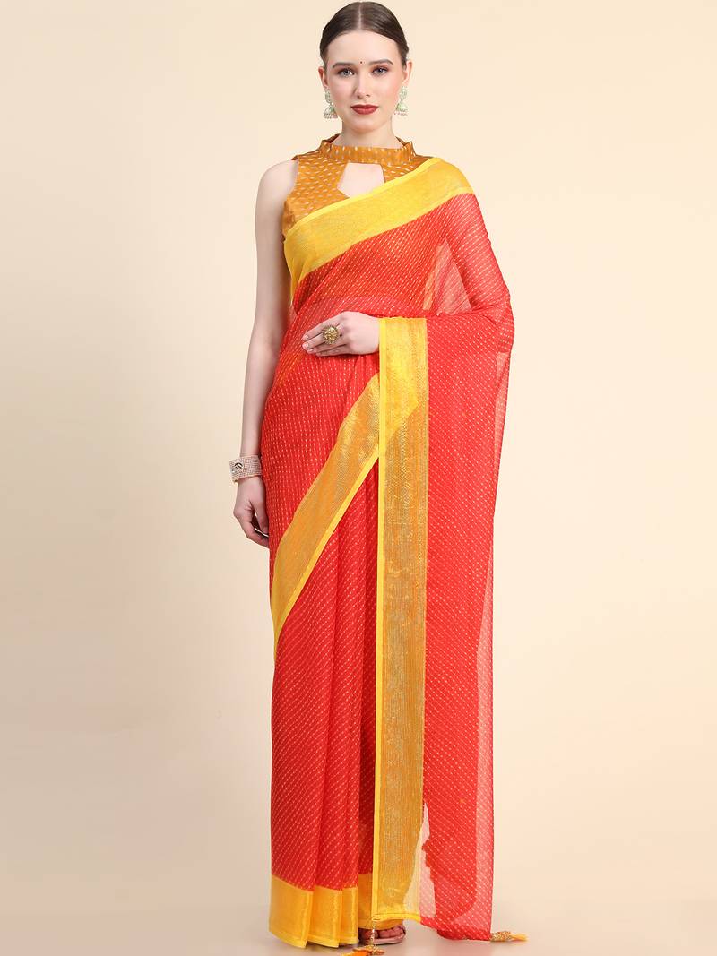 Red Viscose Georgette Latest Design Fancy Printed Trendy 2023 Tassels Latkan Zari Border Saree With Running Blouse Peice