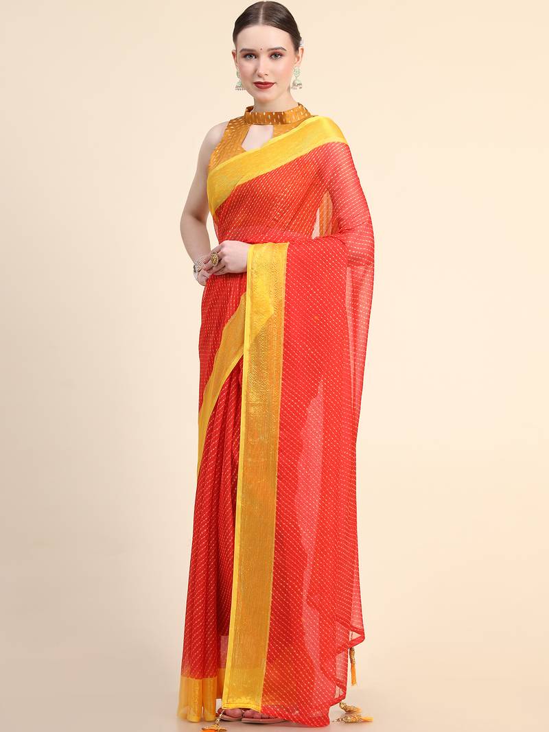 Red Viscose Georgette Latest Design Fancy Printed Trendy 2023 Tassels Latkan Zari Border Saree With Running Blouse Peice