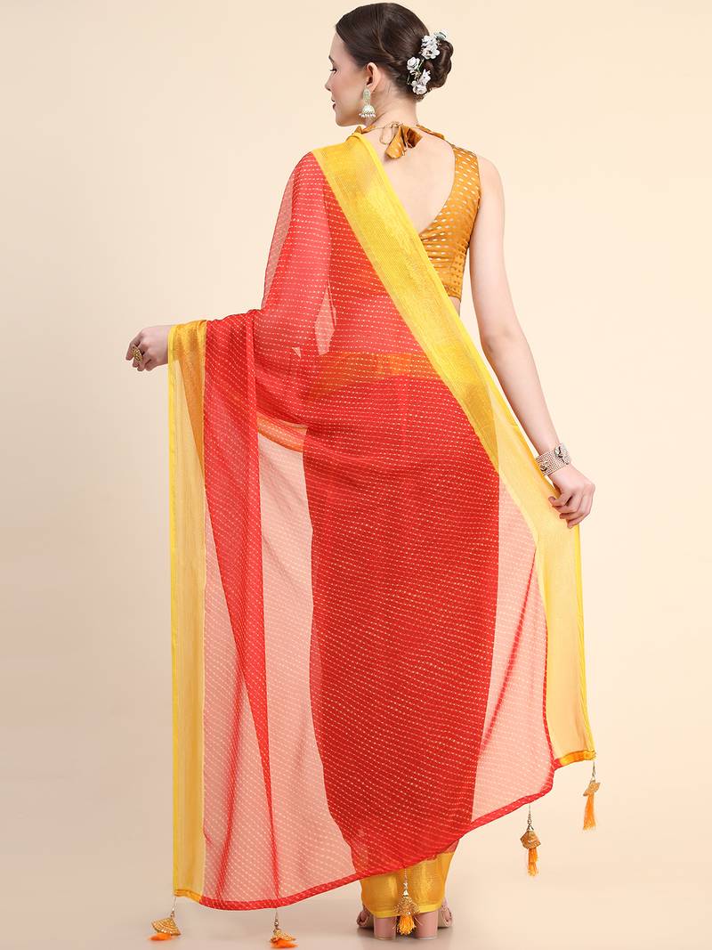 Red Viscose Georgette Latest Design Fancy Printed Trendy 2023 Tassels Latkan Zari Border Saree With Running Blouse Peice