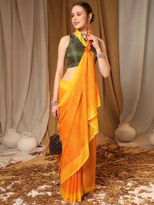 Yellow Chiffon Brasso Trendy Printed Fancy Saree With Running Blouse Piece 1