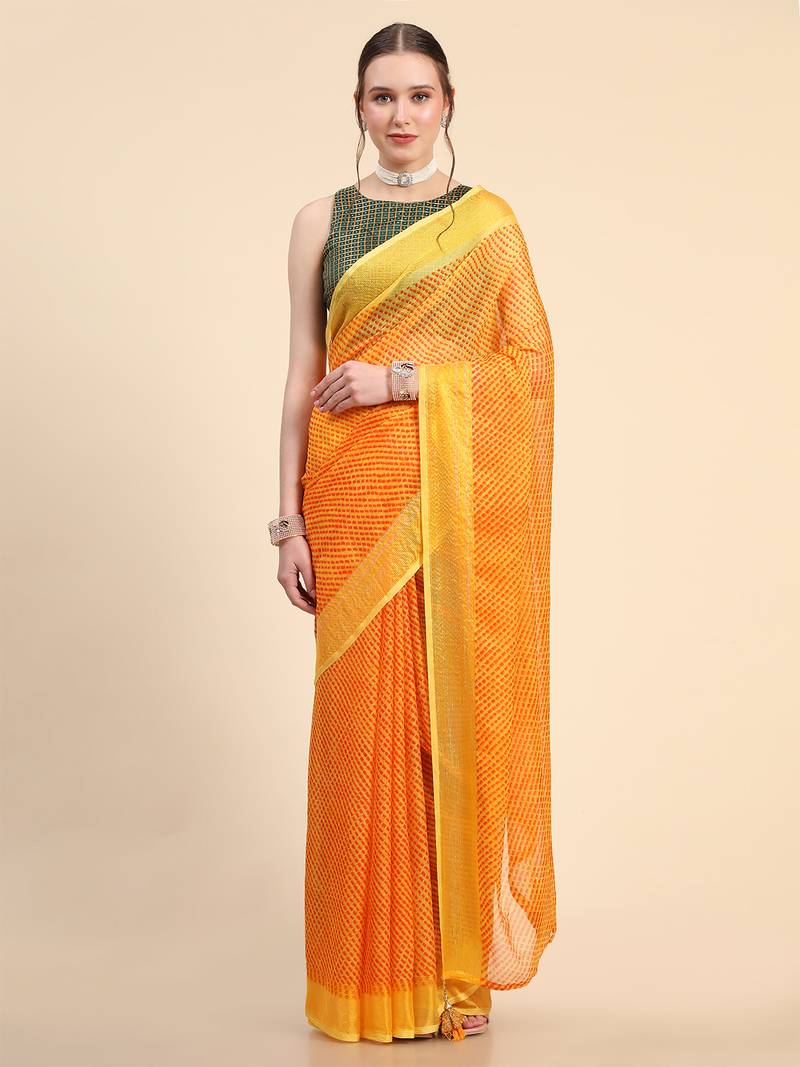 Yellow Chiffon Brasso Trendy Printed Fancy Saree With Running Blouse Piece