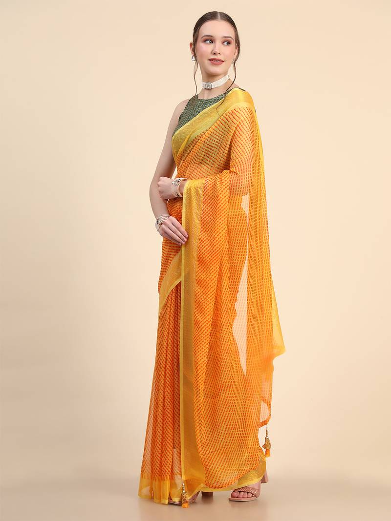 Yellow Chiffon Brasso Trendy Printed Fancy Saree With Running Blouse Piece