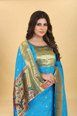 Sky Color Banarasi Soft Silk Golden Zari Mill Print Weaving Salwar Kameez 1