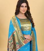 Sky Color Banarasi Soft Silk Golden Zari Mill Print Weaving Salwar Kameez