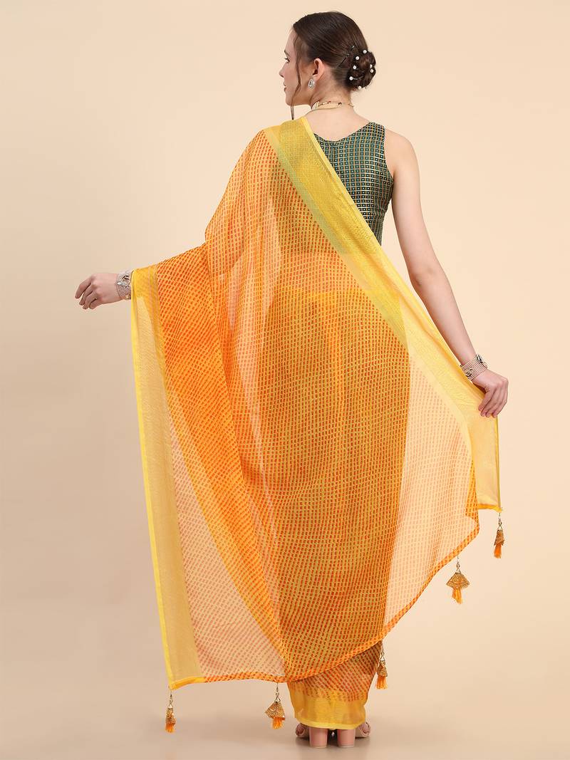 Yellow Chiffon Brasso Trendy Printed Fancy Saree With Running Blouse Piece