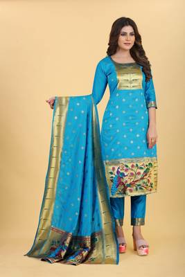 Sky Color Banarasi Soft Silk Golden Zari Mill Print Weaving Salwar Kameez 2
