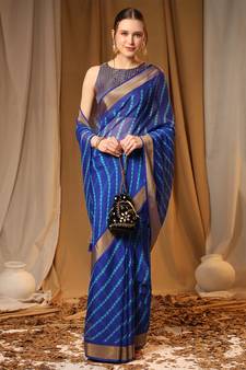 Dark Blue Chiffon Brasso Trendy Printed Fancy Saree With Running Blouse Piece