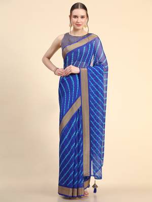 Dark Blue Chiffon Brasso Trendy Printed Fancy Saree With Running Blouse Piece 2