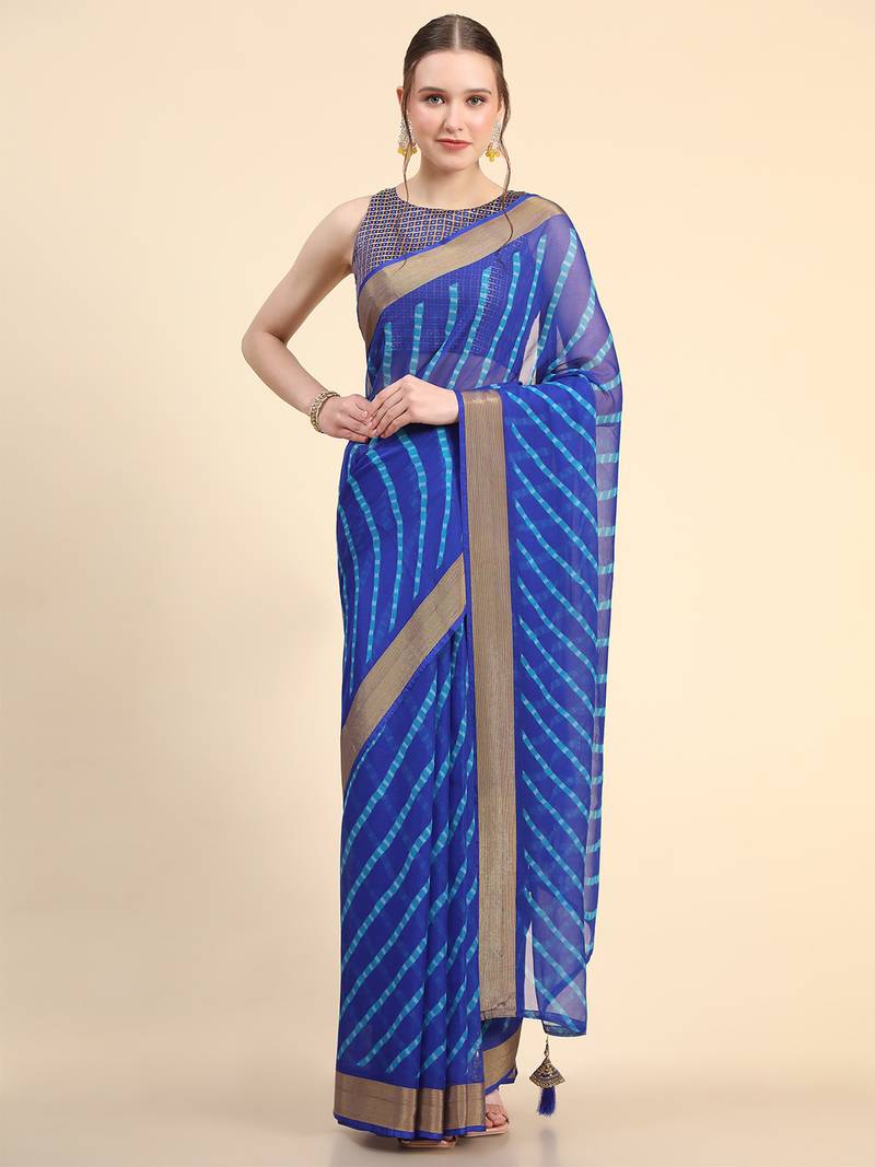 Dark Blue Chiffon Brasso Trendy Printed Fancy Saree With Running Blouse Piece