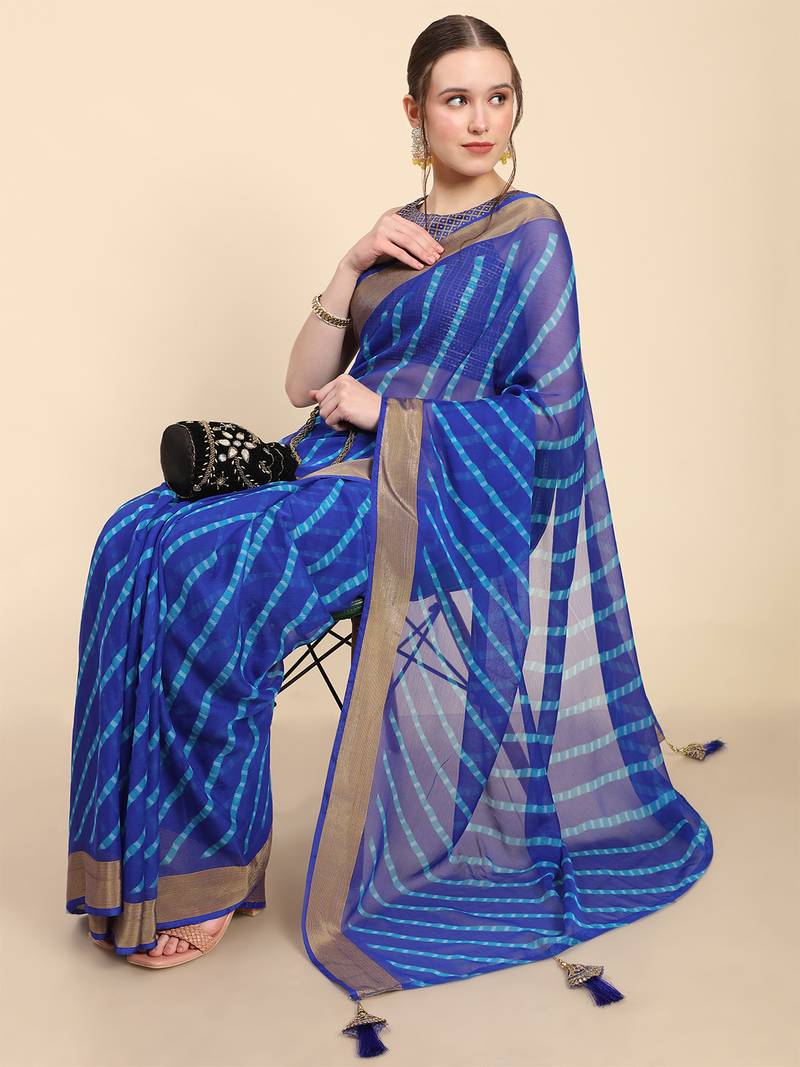 Dark Blue Chiffon Brasso Trendy Printed Fancy Saree With Running Blouse Piece