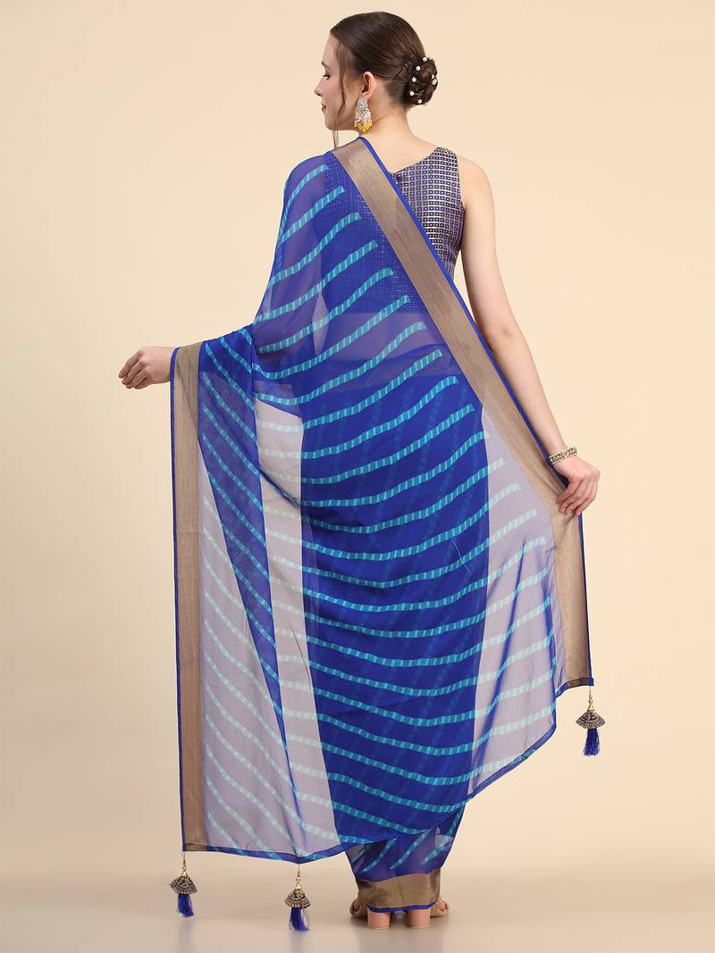 Dark Blue Chiffon Brasso Trendy Printed Fancy Saree With Running Blouse Piece