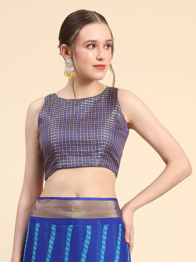 Dark Blue Chiffon Brasso Trendy Printed Fancy Saree With Running Blouse Piece