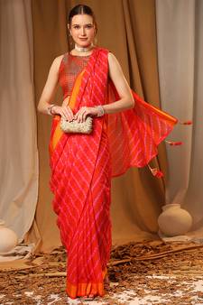Red Chiffon Brasso Trendy Printed Fancy Saree With Running Blouse Piece