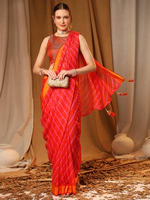 Red Chiffon Brasso Trendy Printed Fancy Saree With Running Blouse Piece 1