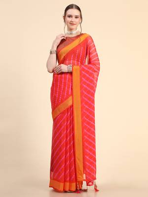 Red Chiffon Brasso Trendy Printed Fancy Saree With Running Blouse Piece 2