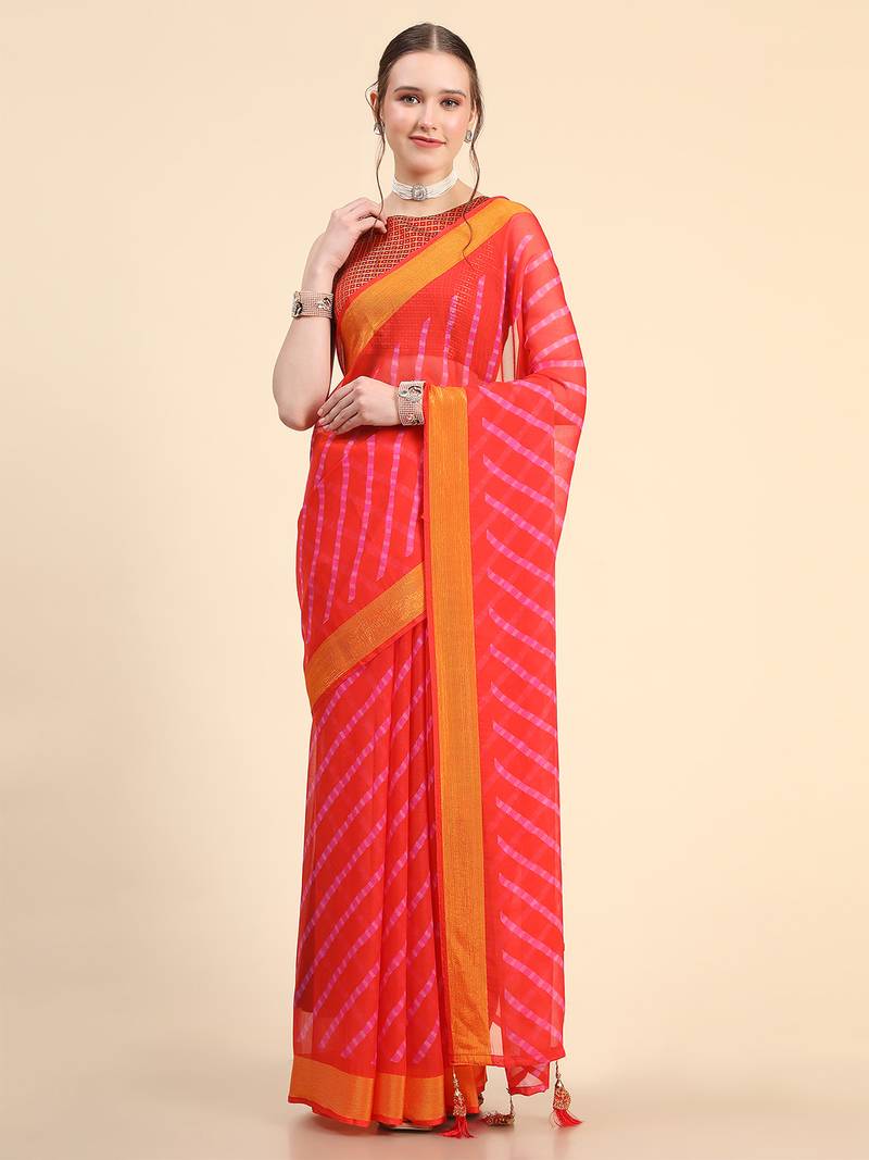 Red Chiffon Brasso Trendy Printed Fancy Saree With Running Blouse Piece