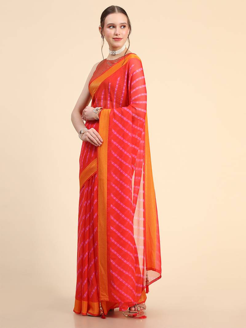 Red Chiffon Brasso Trendy Printed Fancy Saree With Running Blouse Piece