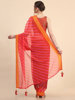 Red Chiffon Brasso Trendy Printed Fancy Saree With Running Blouse Piece 4
