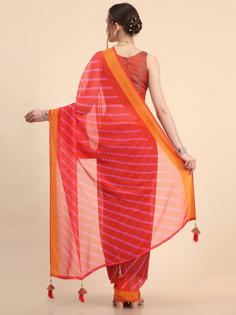 Red Chiffon Brasso Trendy Printed Fancy Saree With Running Blouse Piece