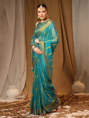 Turquoise Blue Chiffon Brasso Trendy Printed Fancy Saree With Running Blouse Piece 1