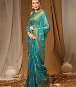 Turquoise Blue Chiffon Brasso Trendy Printed Fancy Saree With Running Blouse Piece