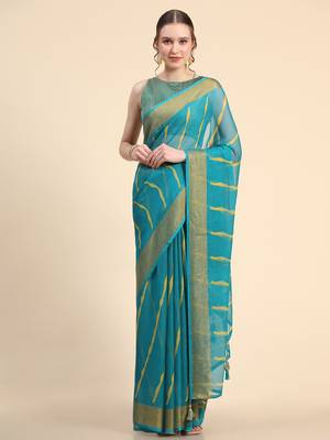 Turquoise Blue Chiffon Brasso Trendy Printed Fancy Saree With Running Blouse Piece 2