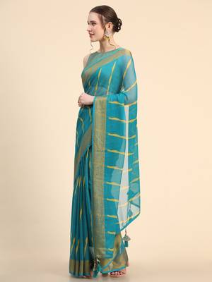 Turquoise Blue Chiffon Brasso Trendy Printed Fancy Saree With Running Blouse Piece 3