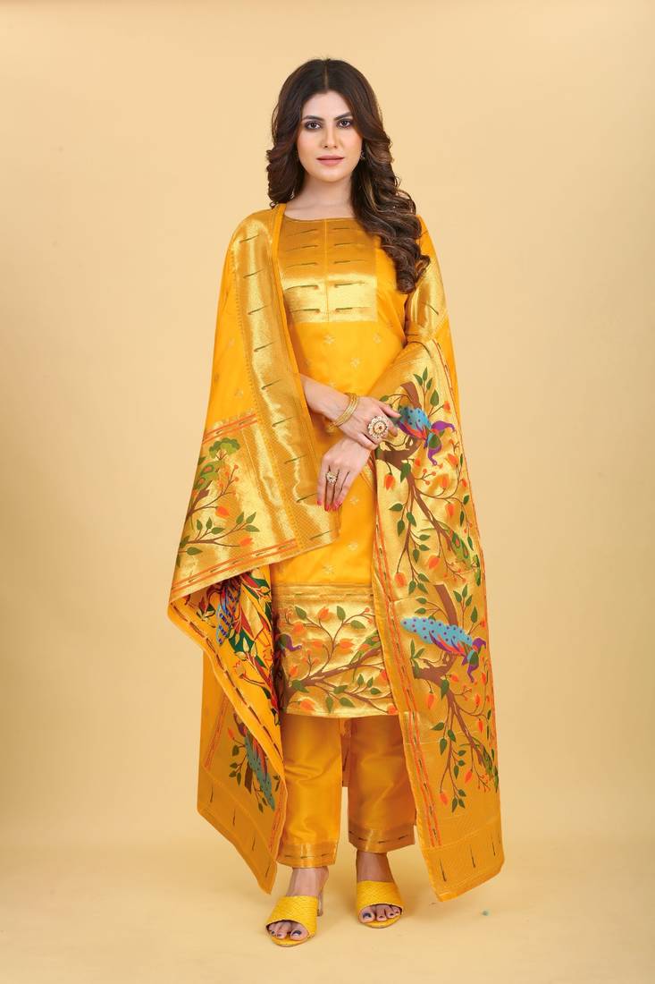 Yellow Color Banarasi Soft Silk Golden Zari Mill Print Weaving Salwar Kameez