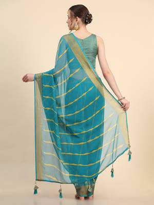 Turquoise Blue Chiffon Brasso Trendy Printed Fancy Saree With Running Blouse Piece 4