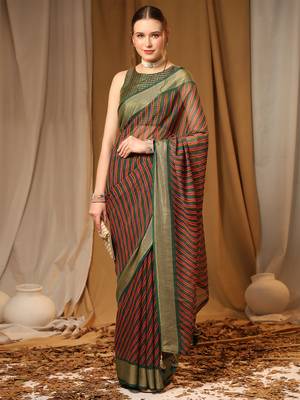 Dark Green Chiffon Brasso Trendy Stripped Printed Fancy Saree With Running Blouse Piece 1