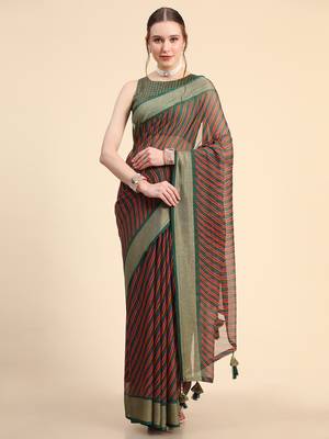 Dark Green Chiffon Brasso Trendy Stripped Printed Fancy Saree With Running Blouse Piece 2