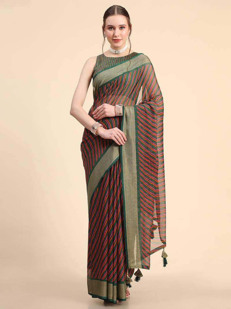 Dark Green Chiffon Brasso Trendy Stripped Printed Fancy Saree With Running Blouse Piece
