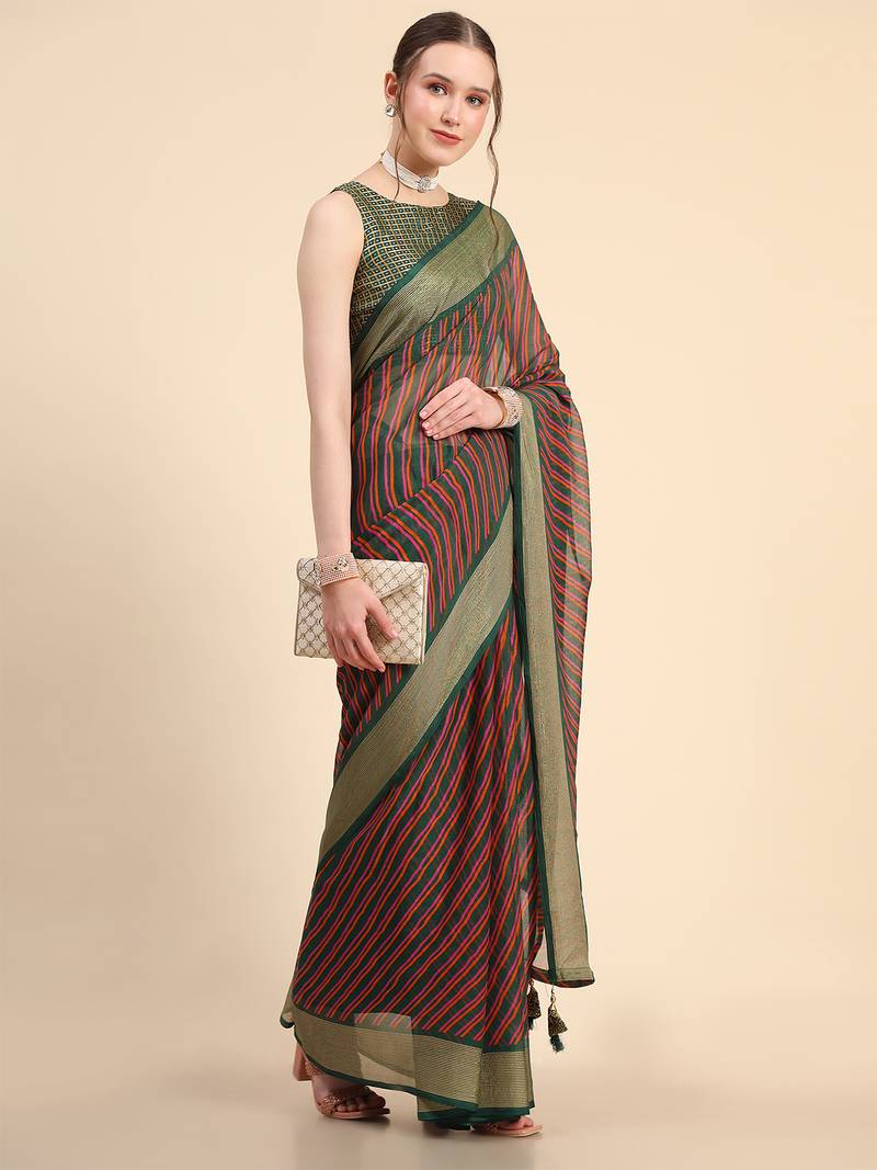 Dark Green Chiffon Brasso Trendy Stripped Printed Fancy Saree With Running Blouse Piece