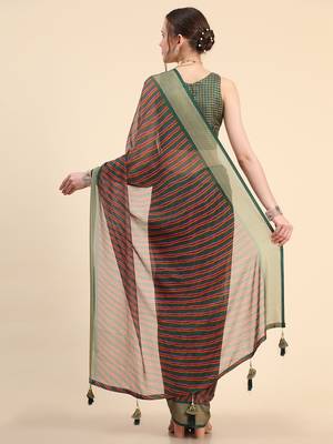 Dark Green Chiffon Brasso Trendy Stripped Printed Fancy Saree With Running Blouse Piece 4