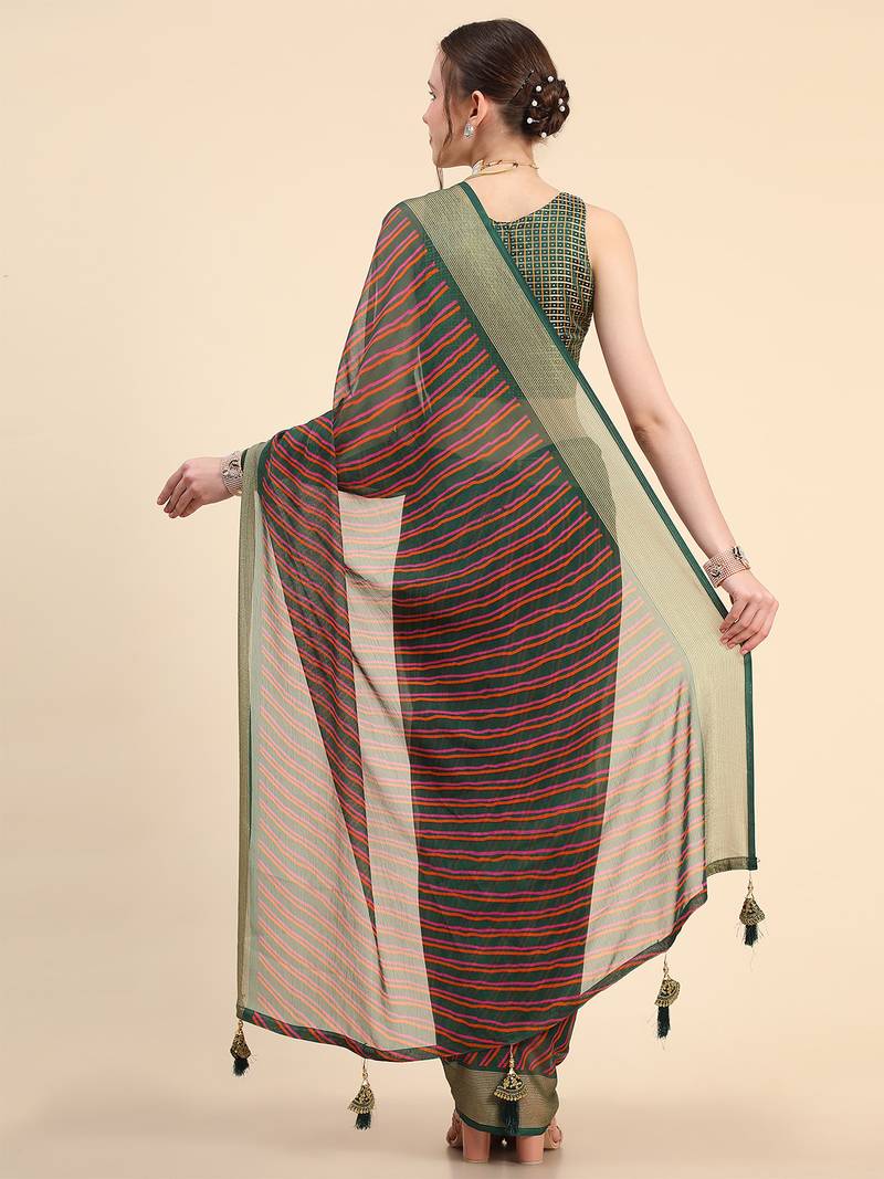 Dark Green Chiffon Brasso Trendy Stripped Printed Fancy Saree With Running Blouse Piece