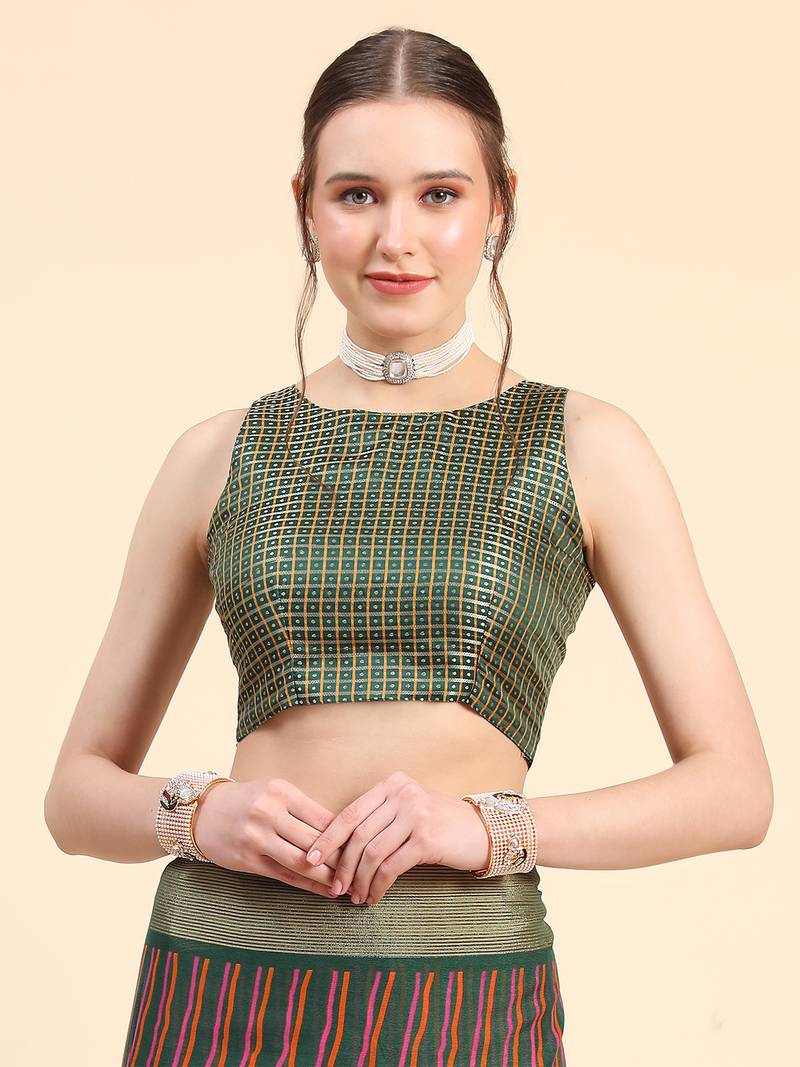 Dark Green Chiffon Brasso Trendy Stripped Printed Fancy Saree With Running Blouse Piece