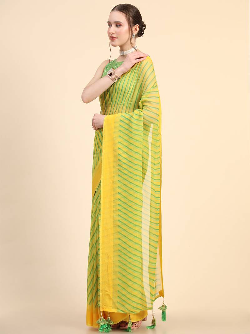 Yellow Chiffon Brasso Trendy Stripped Printed Fancy Saree With Running Blouse Piece