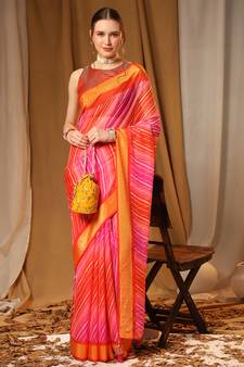 Pink Red Chiffon Brasso Trendy Leheriya Stripped Printed Fancy Saree With Running Blouse Piece