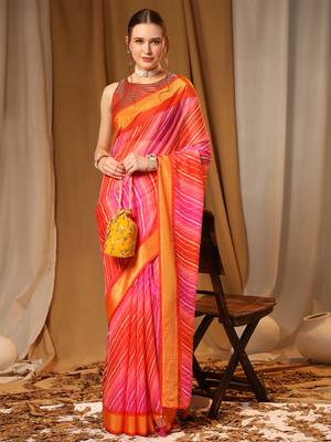 Pink Red Chiffon Brasso Trendy Leheriya Stripped Printed Fancy Saree With Running Blouse Piece 1