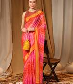 Pink Red Chiffon Brasso Trendy Leheriya Stripped Printed Fancy Saree With Running Blouse Piece