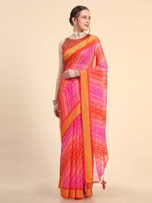 Pink Red Chiffon Brasso Trendy Leheriya Stripped Printed Fancy Saree With Running Blouse Piece 2