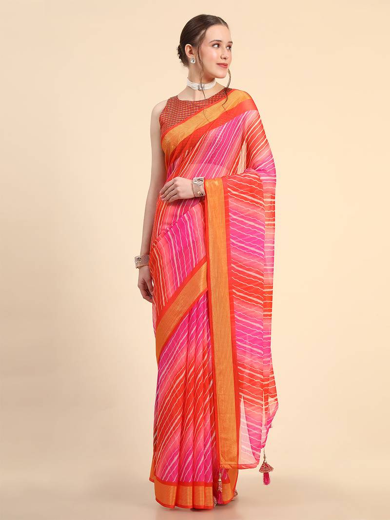 Pink Red Chiffon Brasso Trendy Leheriya Stripped Printed Fancy Saree With Running Blouse Piece