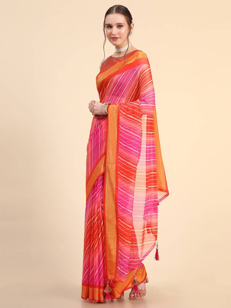 Pink Red Chiffon Brasso Trendy Leheriya Stripped Printed Fancy Saree With Running Blouse Piece