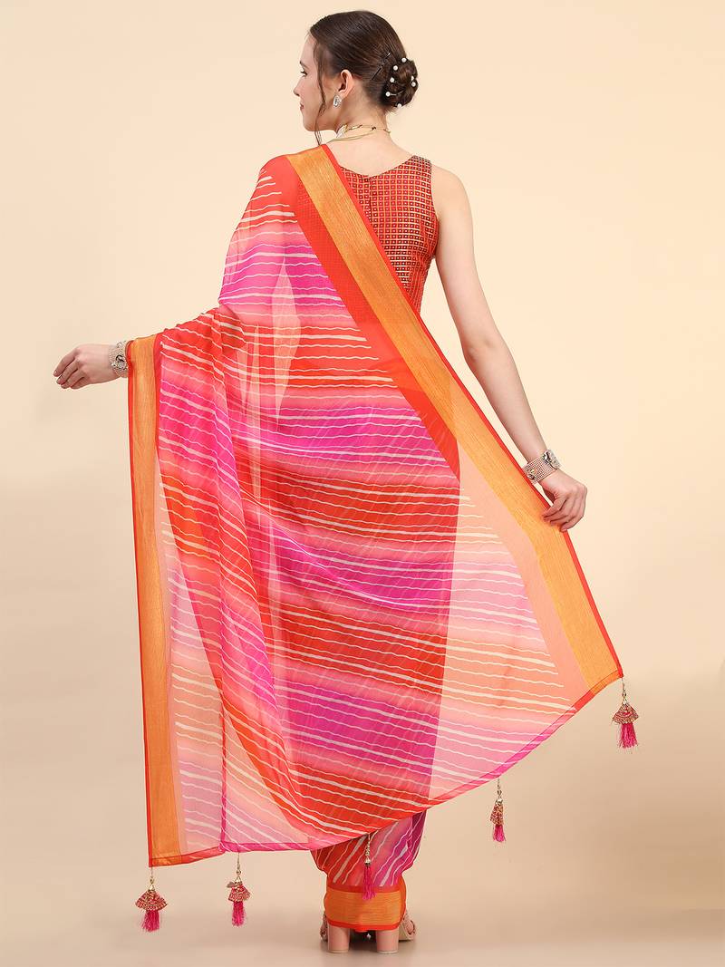 Pink Red Chiffon Brasso Trendy Leheriya Stripped Printed Fancy Saree With Running Blouse Piece