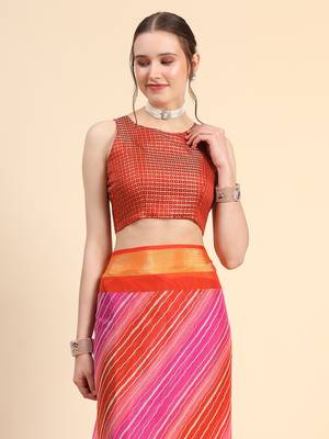 Pink Red Chiffon Brasso Trendy Leheriya Stripped Printed Fancy Saree With Running Blouse Piece 5
