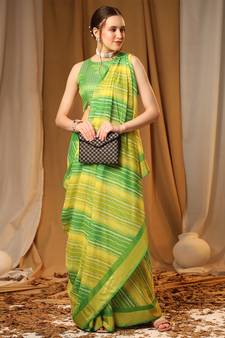 Yellow Green Chiffon Brasso Trendy Leheriya Stripped Printed Fancy Saree With Running Blouse Piece
