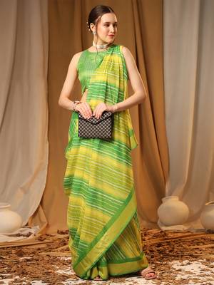Yellow Green Chiffon Brasso Trendy Leheriya Stripped Printed Fancy Saree With Running Blouse Piece 1