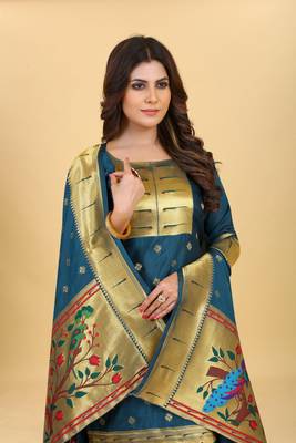 Blue Color Banarasi Soft Silk Golden Zari Mill Print Weaving Salwar Kameez 1