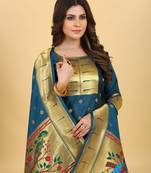Blue Color Banarasi Soft Silk Golden Zari Mill Print Weaving Salwar Kameez